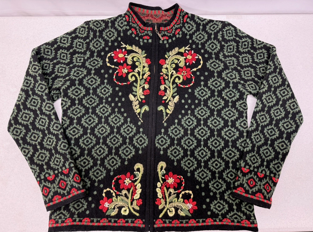 Vtg NORTH STYLE Womens Small Black Wool Blend Floral Accent Zip Cardigan Sweater